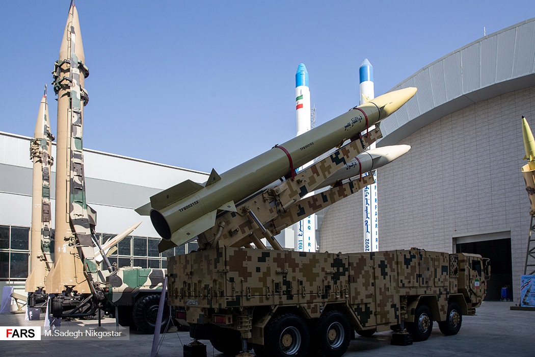 IRGC Aerospace Force ballistic missiles including Dezful and Zolfagar on mobile launchers at Tehran exhibition
