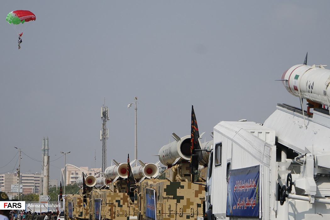 IRGC mobile anti-ship missile systems on military trucks at the 2019 Sacred Defence Week parade in Bandar Abbas, at the entrance to the Strait of Hormuz