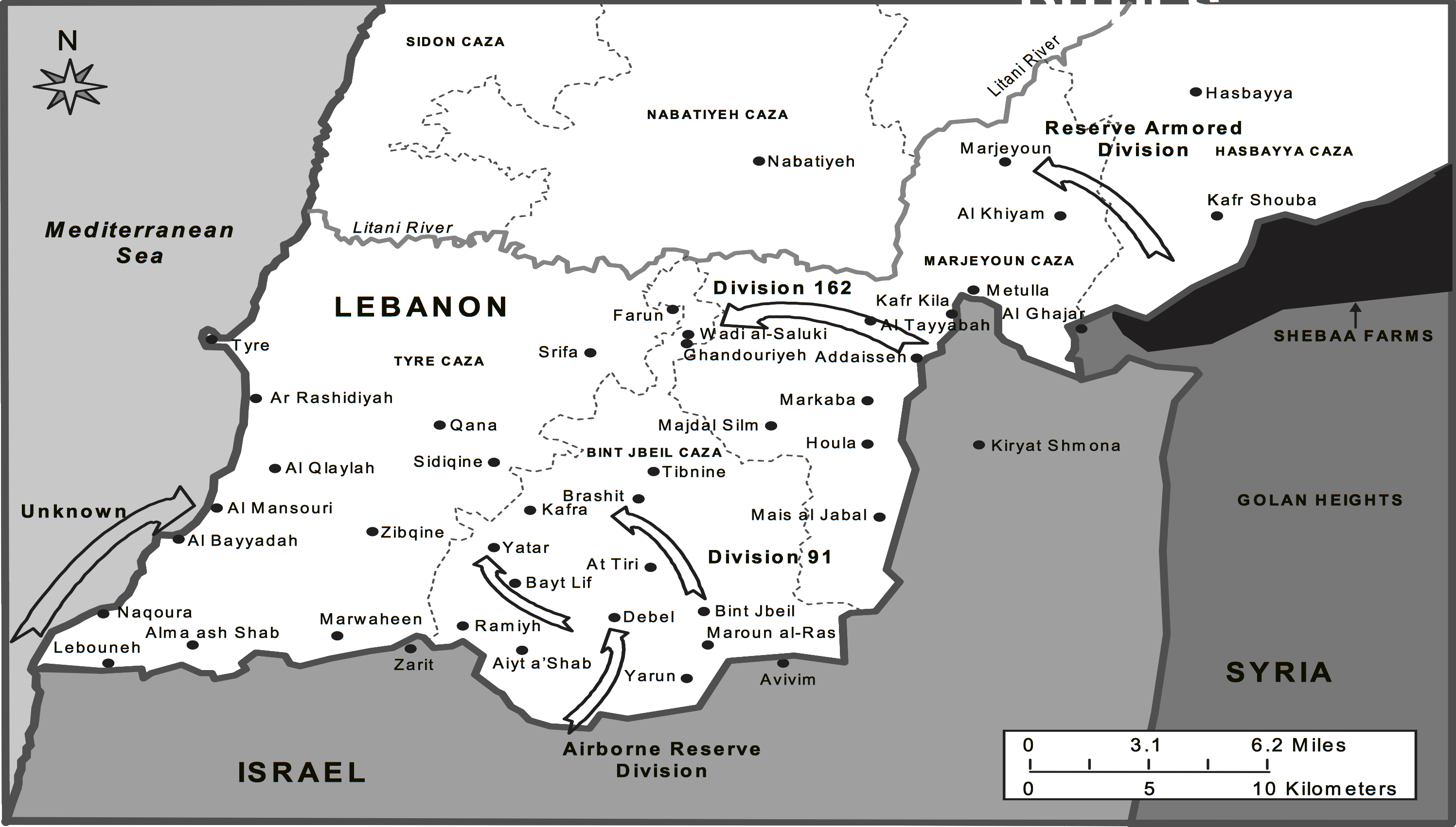 Military operations map showing Israel drive to the Litani River during the 2006 Lebanon War, with division positions and the Blue Line ceasefire boundary