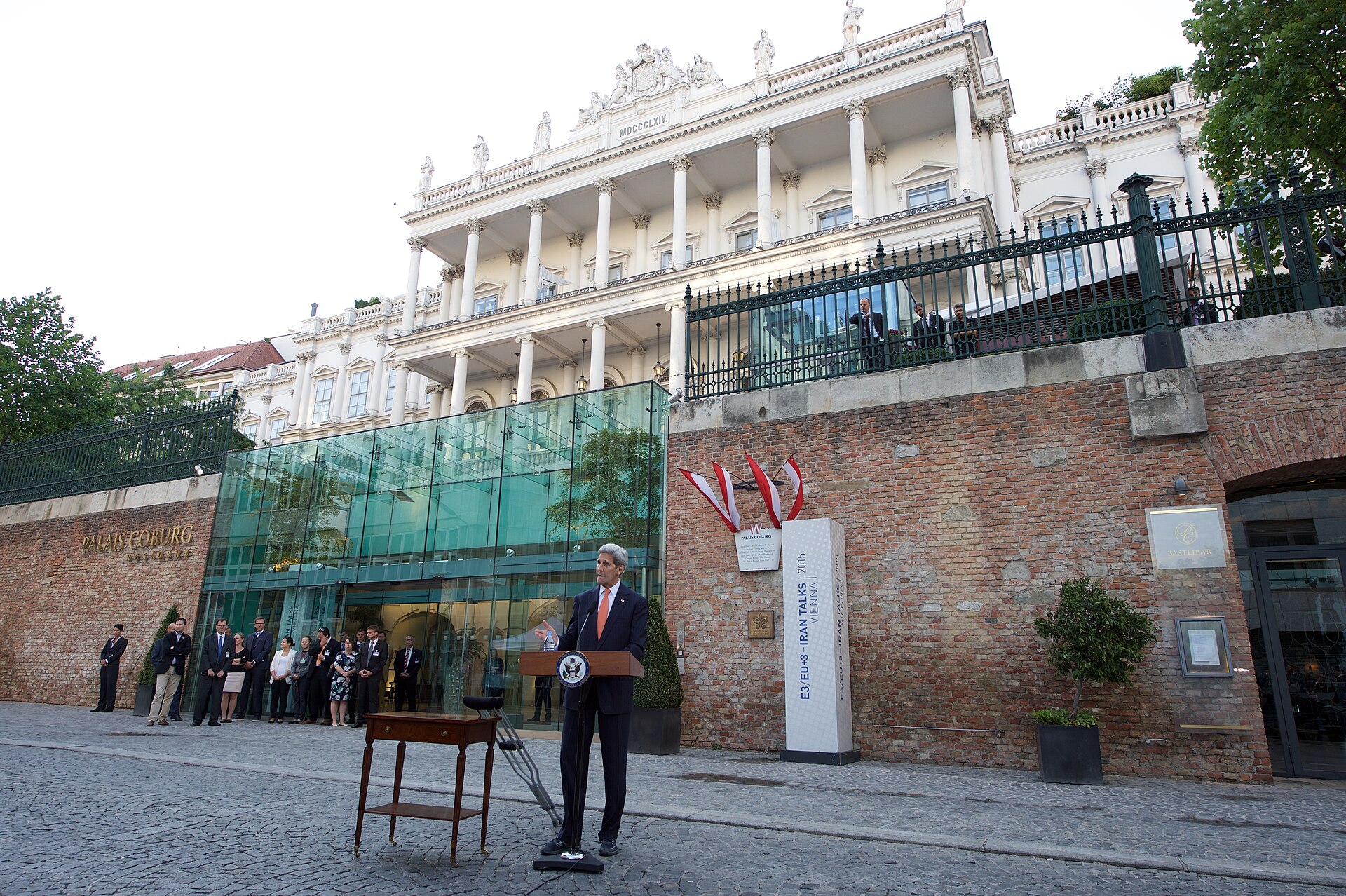 Secretary of State John Kerry addresses press at Palais Coburg in Vienna during Iran nuclear talks, July 2015 — the JCPOA negotiations that Shamkhani managed from the SNSC side