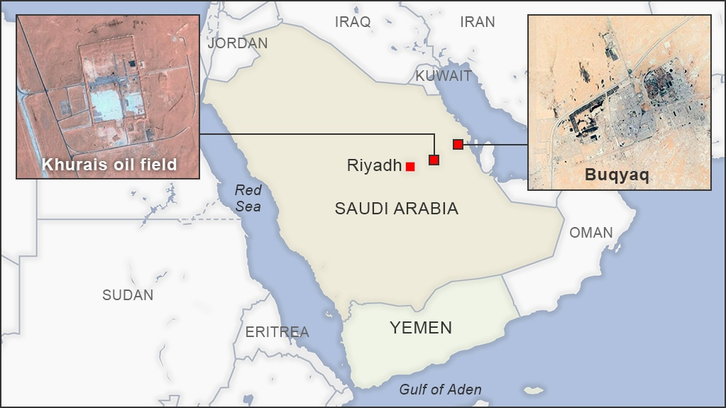 Locator map showing Khurais oil field and Buqyaq (Abqaiq) processing complex positions within Saudi Arabia, both facilities east of Riyadh