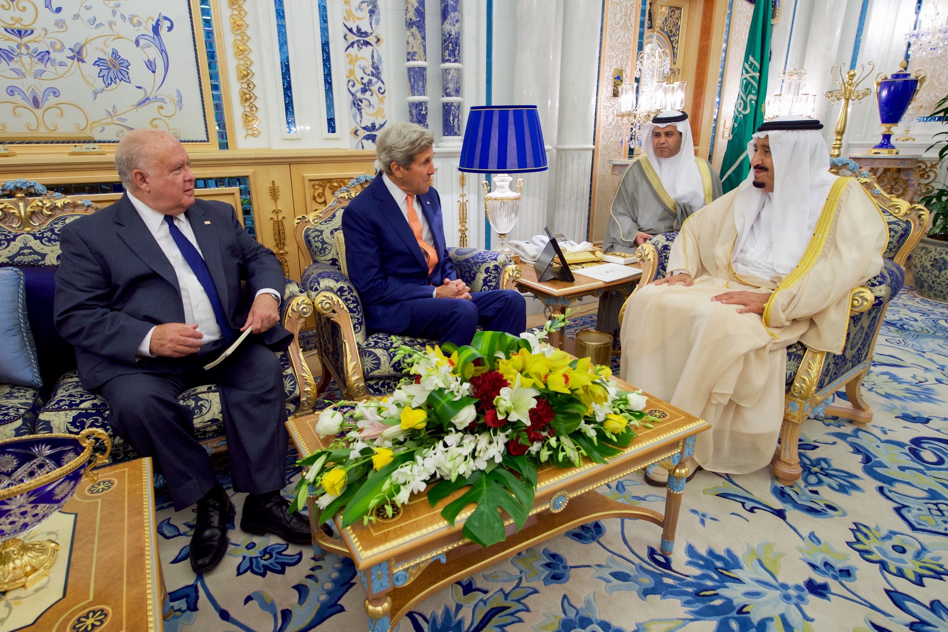 King Salman bin Abdulaziz of Saudi Arabia in bilateral meeting at the Royal Court in Jeddah, Saudi Arabia, in the formal reception chamber used for high-level diplomatic sessions