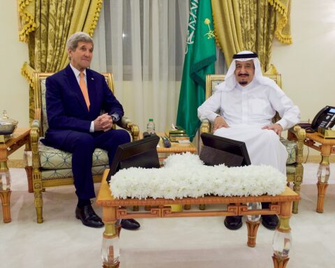 King Salman bin Abdulaziz of Saudi Arabia in formal bilateral meeting at King Khalid Military City, Eastern Province — the same facility whose SANG defenses were restructured in the May 15 royal decrees