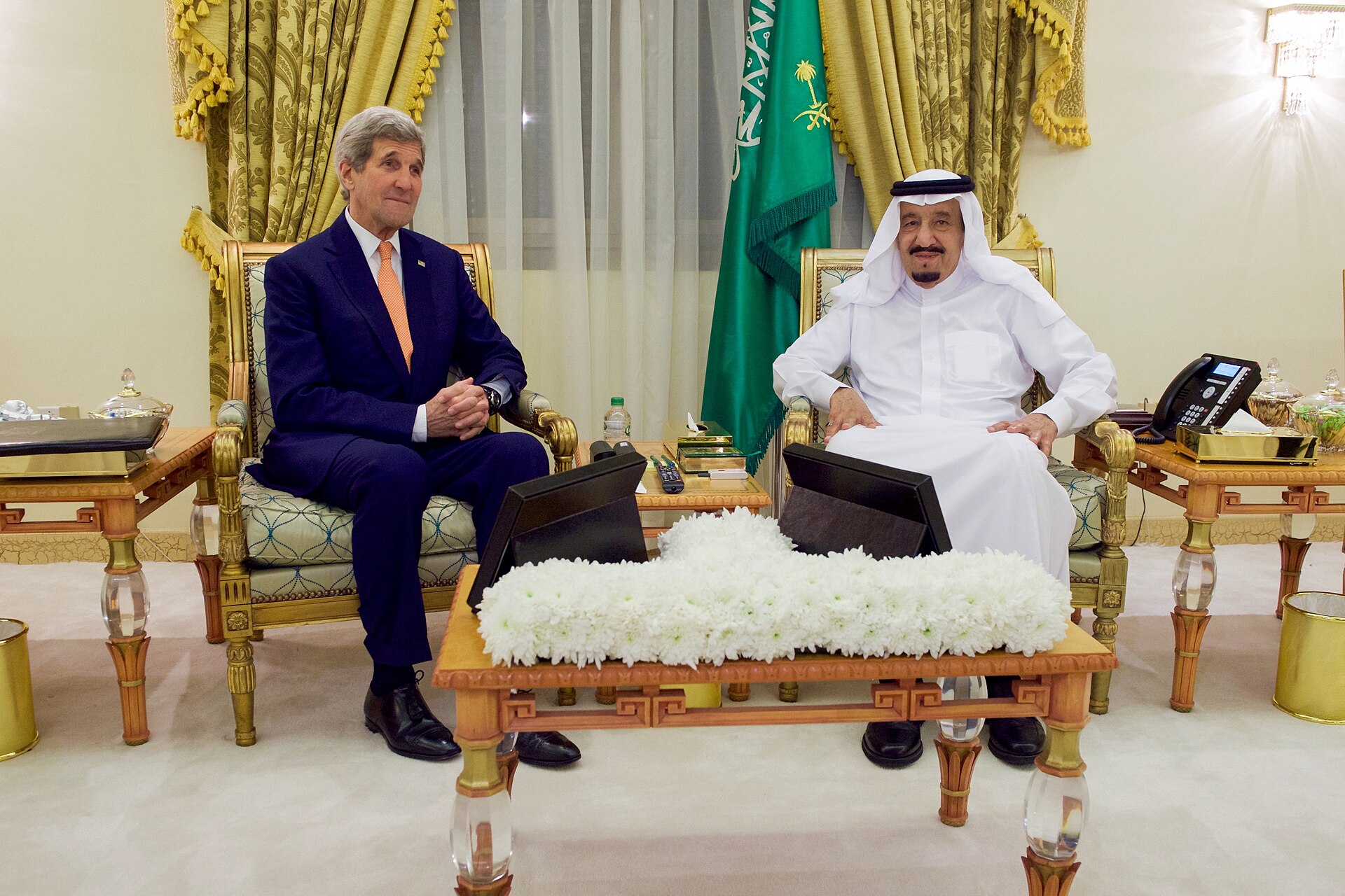 King Salman bin Abdulaziz of Saudi Arabia in formal bilateral meeting at King Khalid Military City, Eastern Province — the same facility whose SANG defenses were restructured in the May 15 royal decrees