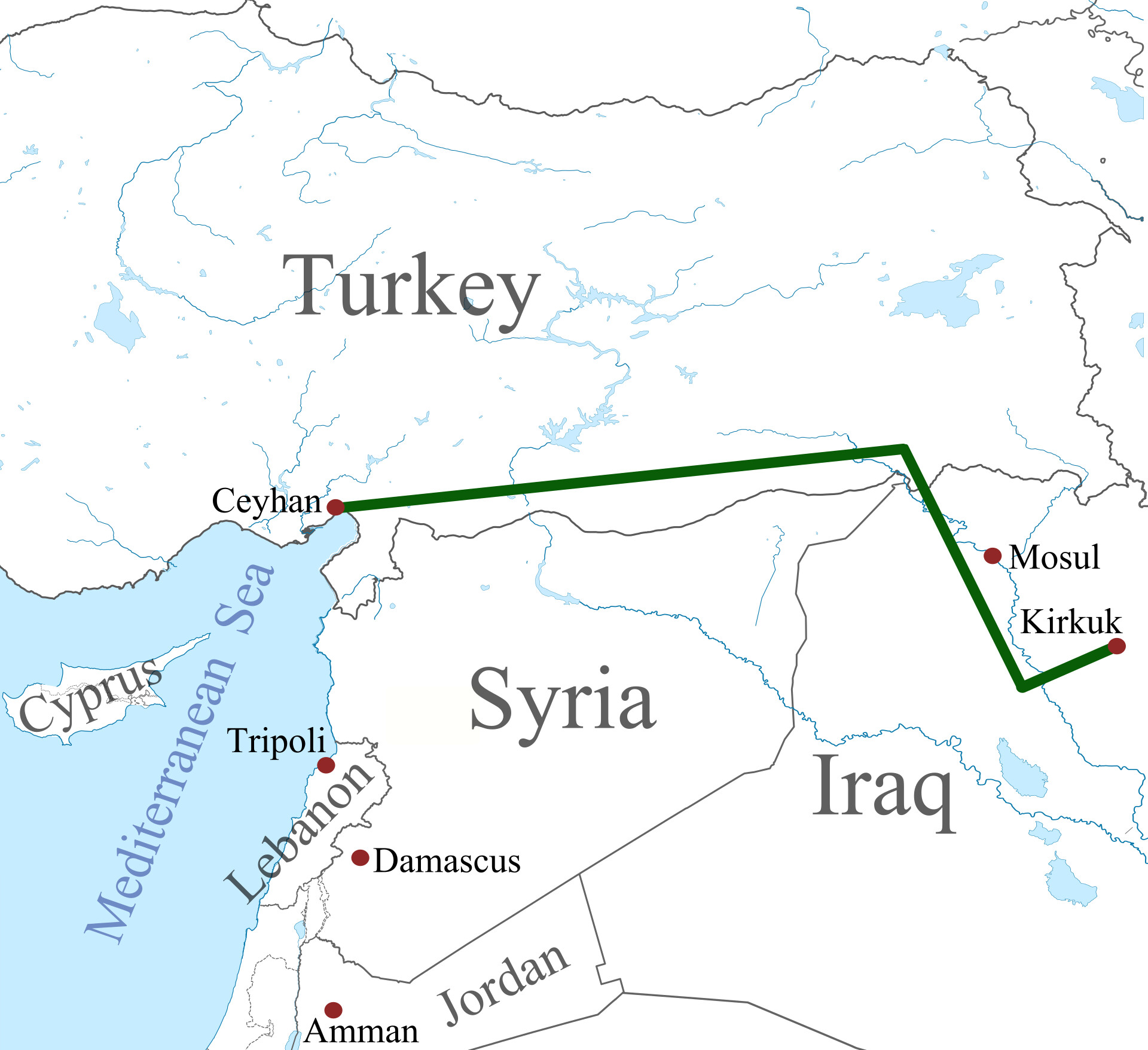 Map of the Kirkuk-Ceyhan oil pipeline running from northern Iraq through Turkey to the Mediterranean port of Ceyhan — the physical corridor that industry sources say most major hyperscalers are now using to route Gulf data traffic on fiber cables laid alongside Iraqi crude-oil infrastructure, having concluded that the Hormuz undersea route is too compromised to rely on
