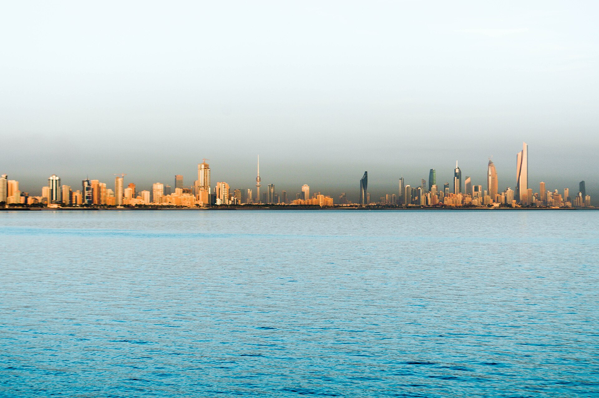 Kuwait City skyline viewed from the Gulf, showing the capital whose airspace was breached by Iranian drones on May 10 2026
