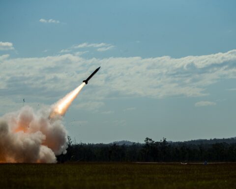 MIM-104 Patriot missile launch — the same air defense system defending Kuwait against Iran ballistic and cruise missile barrages since February 2026
