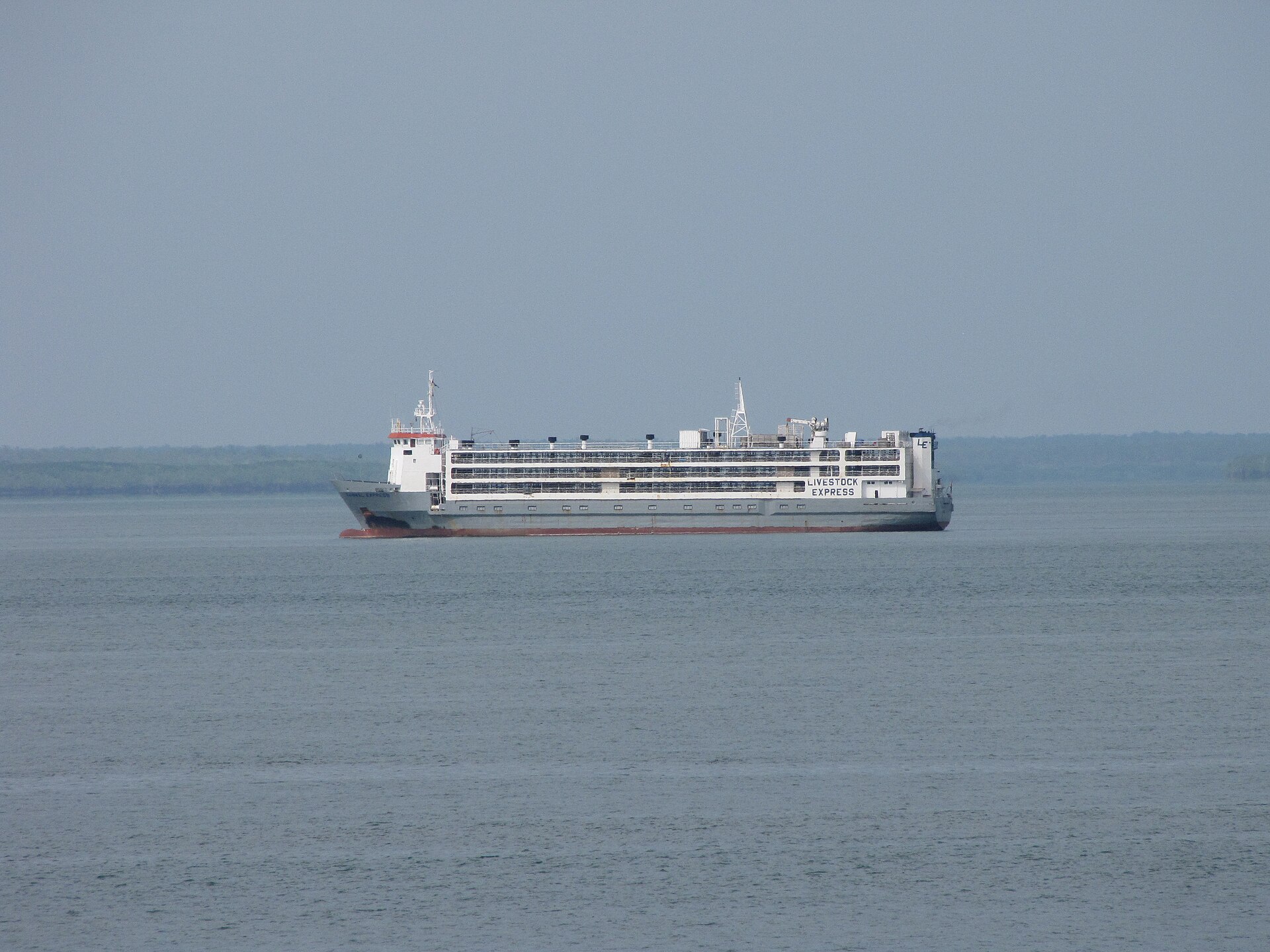 Livestock carrier Sahiwal Express anchored in Darwin Harbour, Australia, showing the distinctive ventilated multi-deck hull design used to transport live animals across open ocean