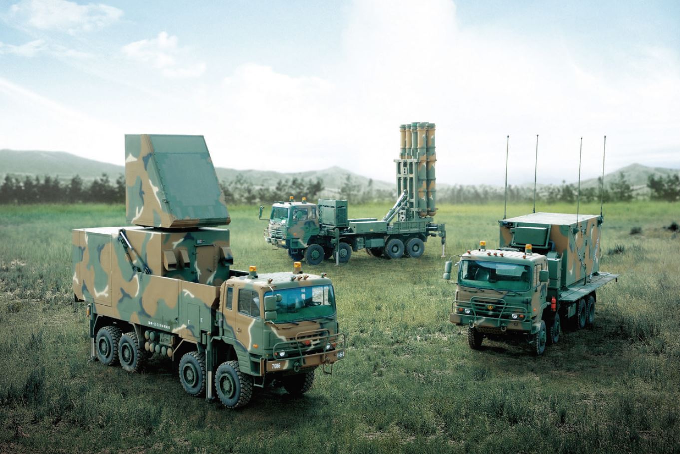 South Korean M-SAM Block-2 (KM-SAM Cheongung) battery showing multifunction radar, vertical launch system, and command center vehicles