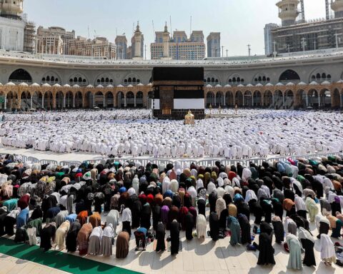 Pilgrims pray around the Kaaba at Masjid al-Haram, Mecca, 2024