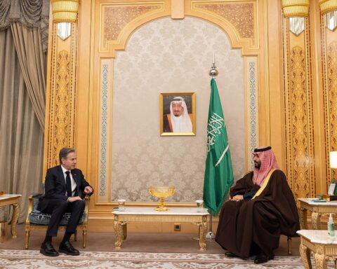 Saudi Crown Prince Mohammed bin Salman meets with US Secretary of State Blinken in a bilateral meeting at the royal palace in Riyadh, February 2024