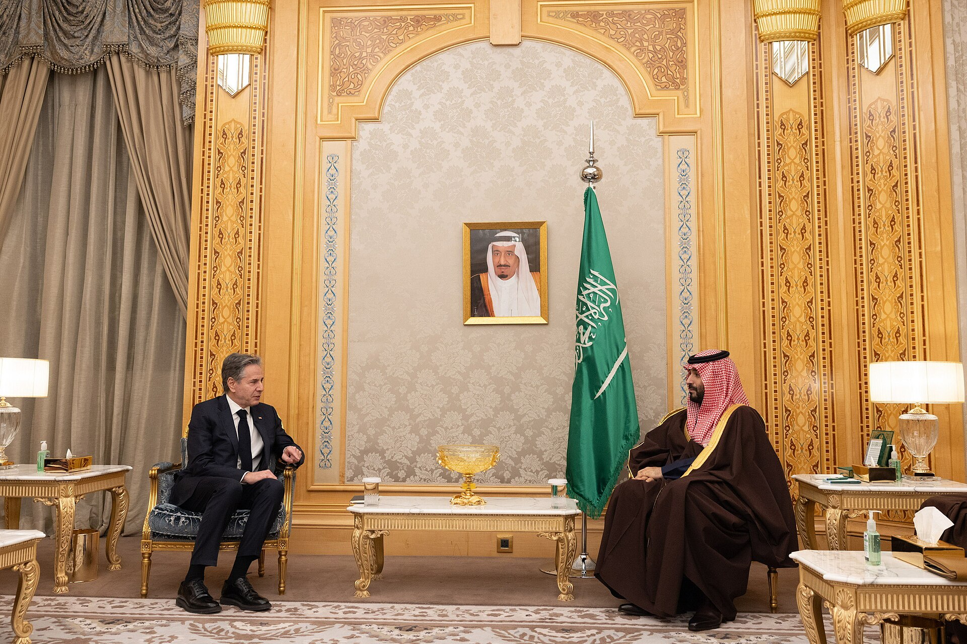 Saudi Crown Prince Mohammed bin Salman meets with US Secretary of State Blinken in a bilateral meeting at the royal palace in Riyadh, February 2024