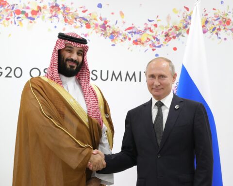 Saudi Crown Prince Mohammed bin Salman shakes hands with Russian President Vladimir Putin at the G20 Osaka Summit, June 2019 — bilateral diplomacy that typifies the coalitions MBS built before the Iran war ceasefire