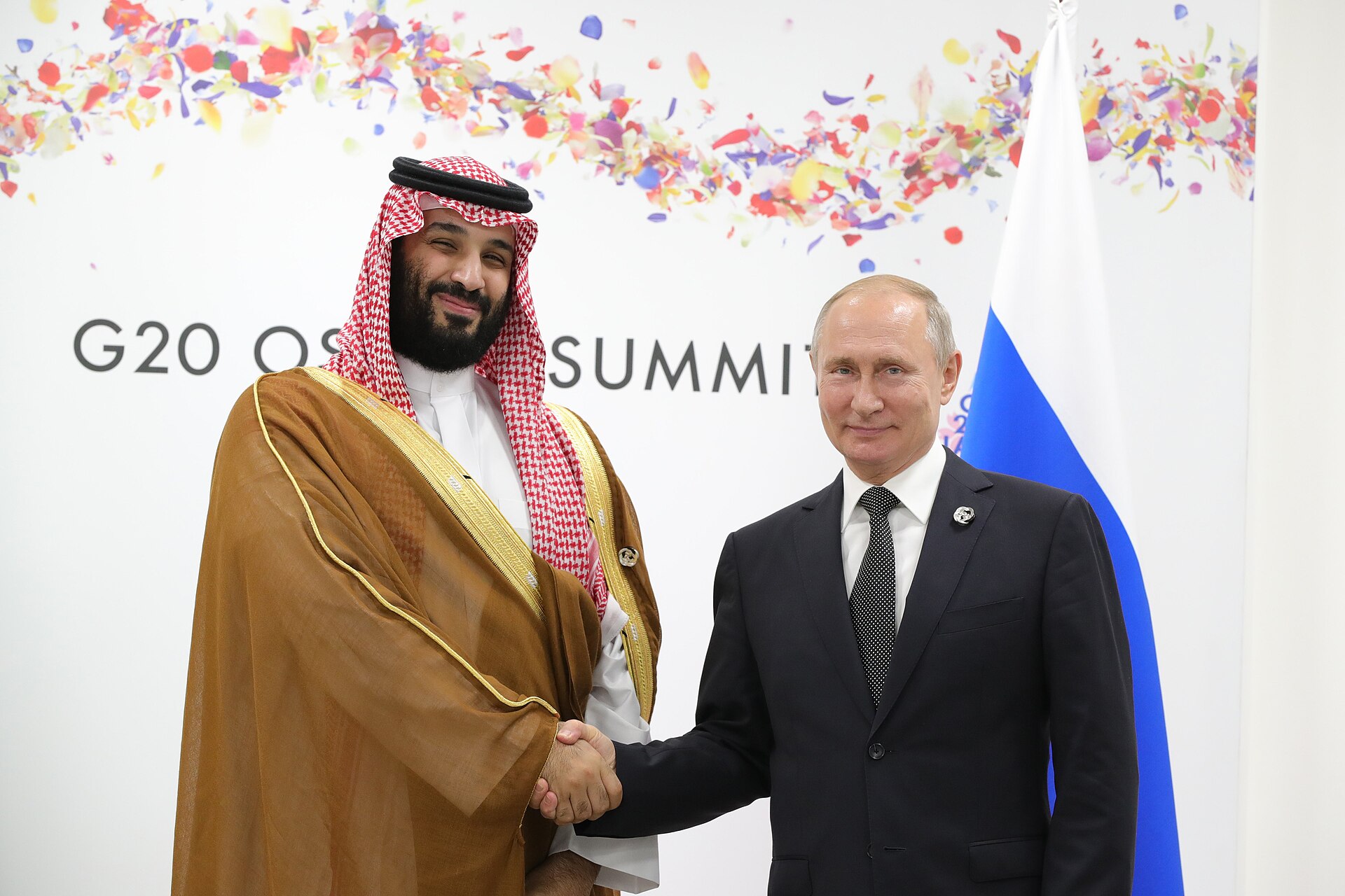 Saudi Crown Prince Mohammed bin Salman shakes hands with Russian President Vladimir Putin at the G20 Osaka Summit, June 2019 — bilateral diplomacy that typifies the coalitions MBS built before the Iran war ceasefire