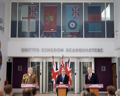 Prime Minister Keir Starmer speaking at UK Strategic Command headquarters at Northwood PJHQ
