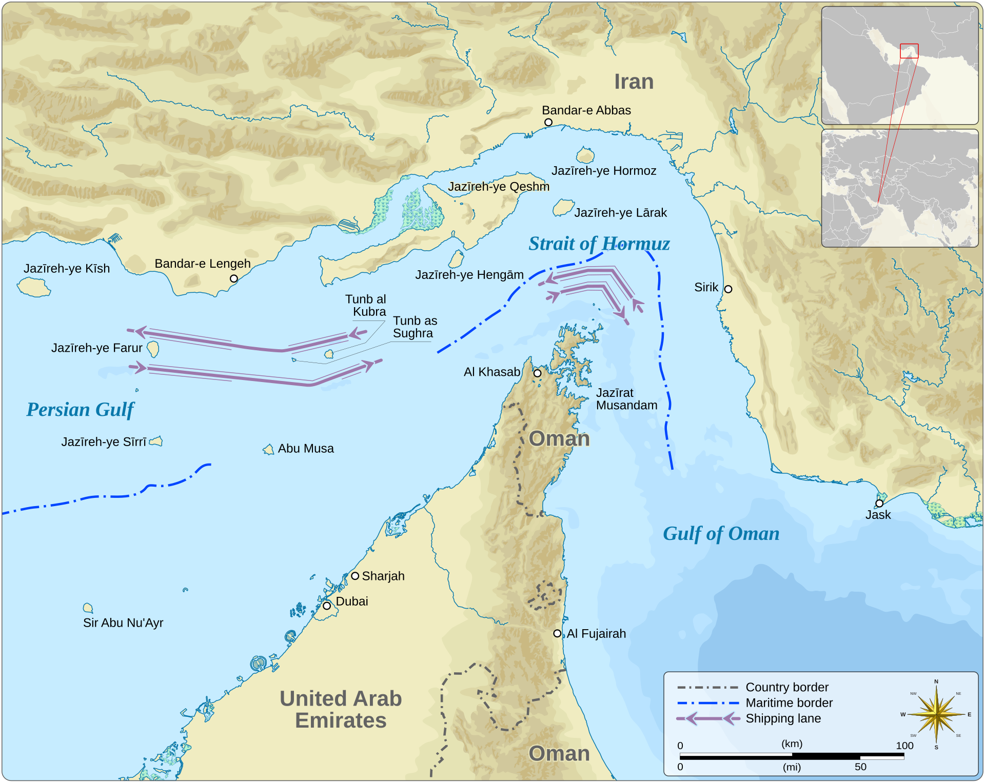 Map of the Strait of Hormuz showing shipping lanes, maritime borders, Iran to the north, the Omani Musandam Peninsula at centre, and the UAE coastline to the south