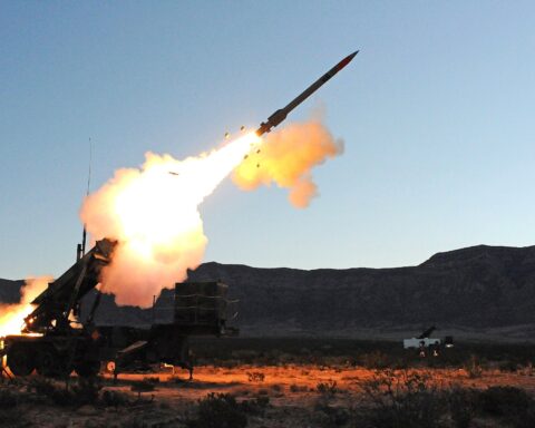 US Army Patriot PAC-3 missile launching from desert terrain at dusk, 2019 test fire