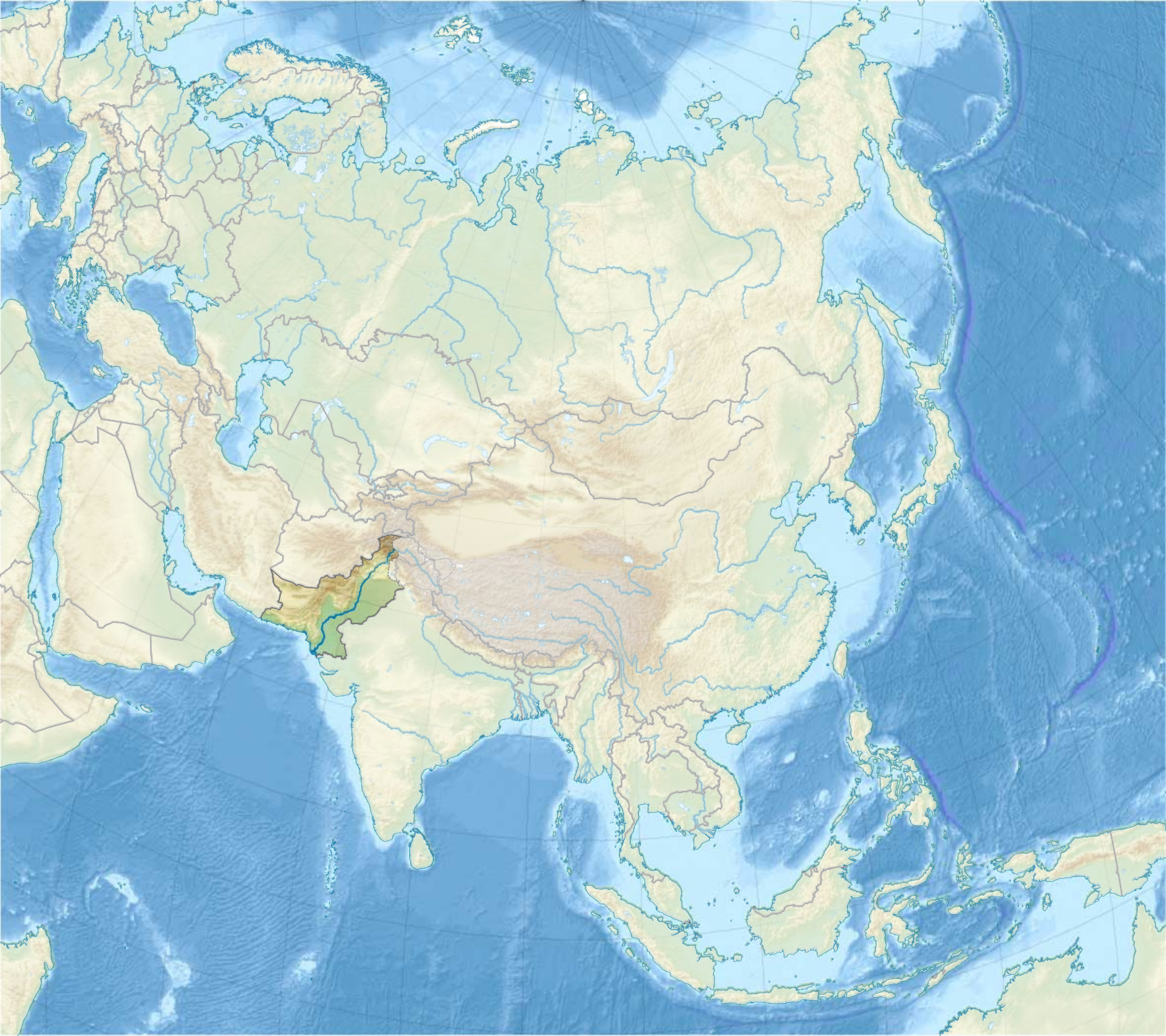 Geographic position of Pakistan in Asia showing proximity to Iran and the Persian Gulf — Pakistan deployed troops westward to Saudi Arabia while simultaneously hosting Iranian military aircraft at Rawalpindi