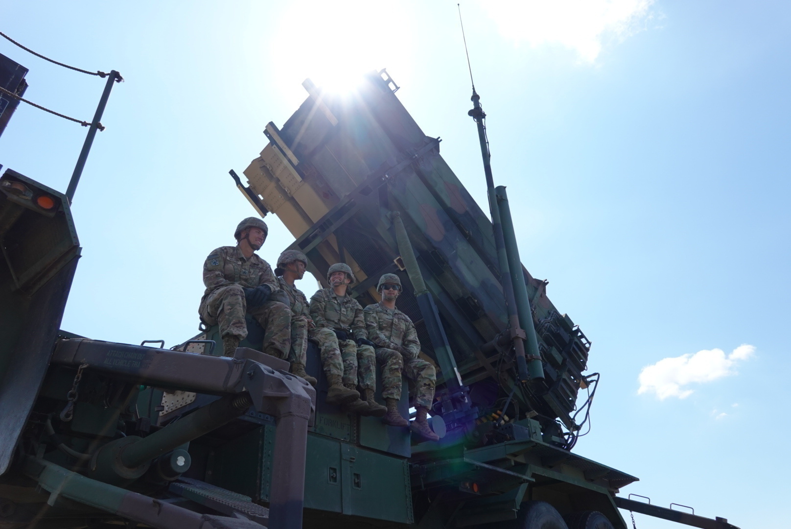US Army soldiers atop a deployed Patriot missile launcher in Slovakia during NATO transfer of authority, August 2022