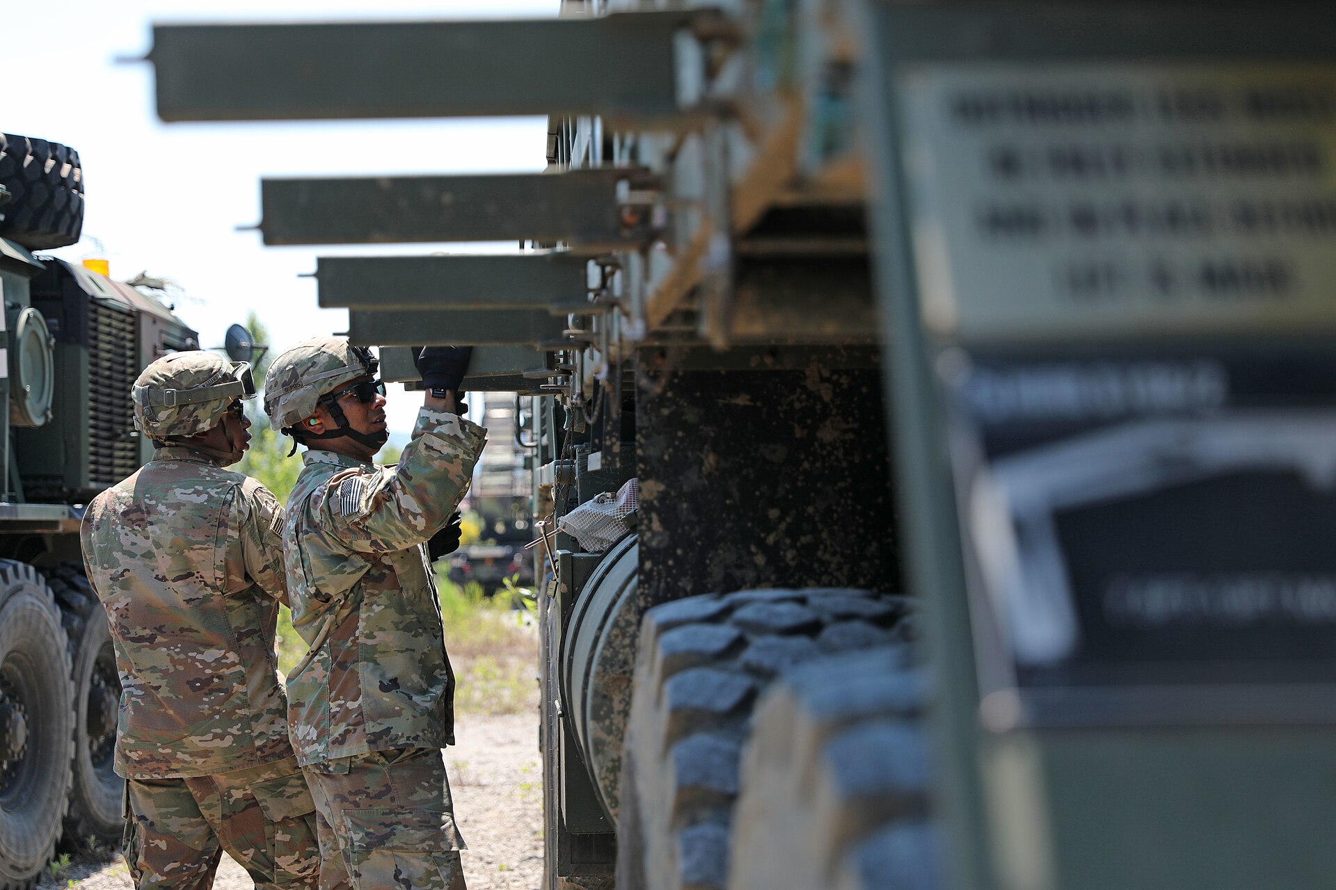 US Army soldiers offload a Patriot missile canister during reload training, Exercise Astral Knight 19, Slovenia