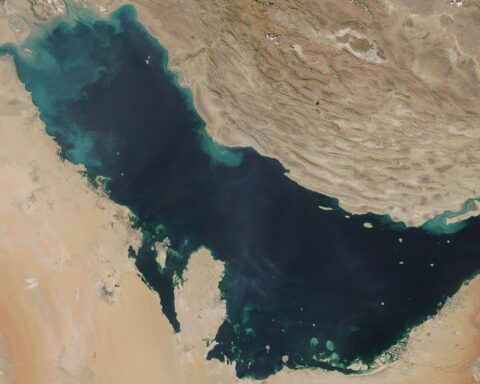 Persian Gulf satellite image NASA MODIS October 2021 showing the full Persian Gulf basin and Strait of Hormuz