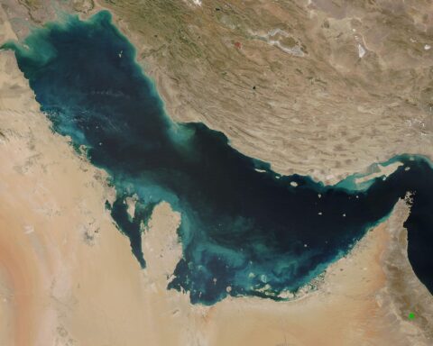 NASA MODIS satellite view of the Persian Gulf and Strait of Hormuz showing the full waterway from above, March 2021