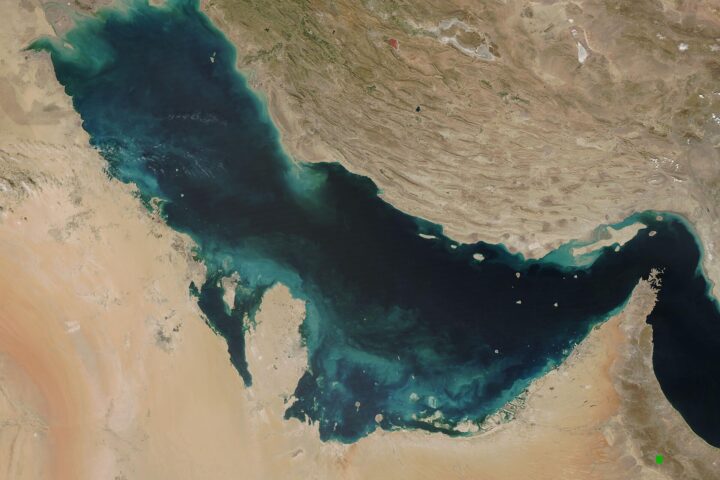 NASA MODIS satellite view of the Persian Gulf and Strait of Hormuz showing the full waterway from above, March 2021