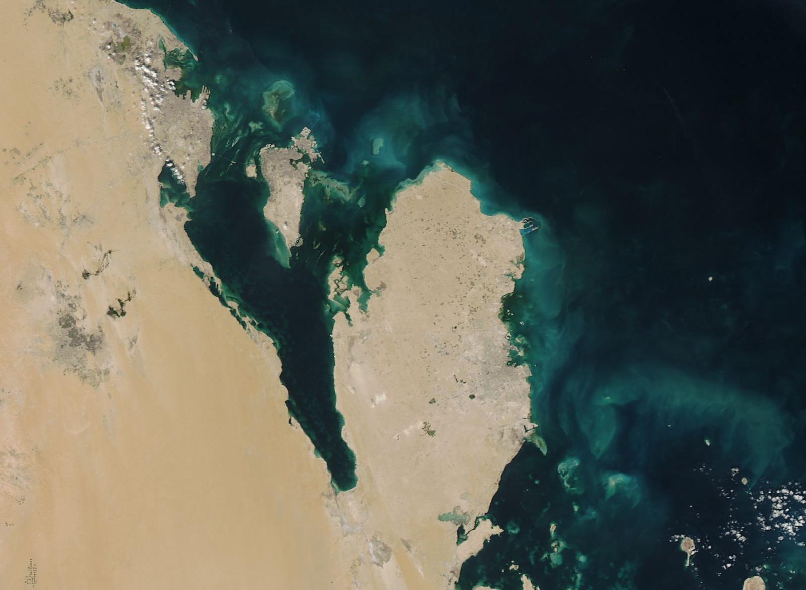 NASA MODIS satellite image of the Persian Gulf showing Qatar peninsula, Saudi Arabia Eastern Province coastline, and Bahrain — the geographic theater of US military basing and Saudi airspace control