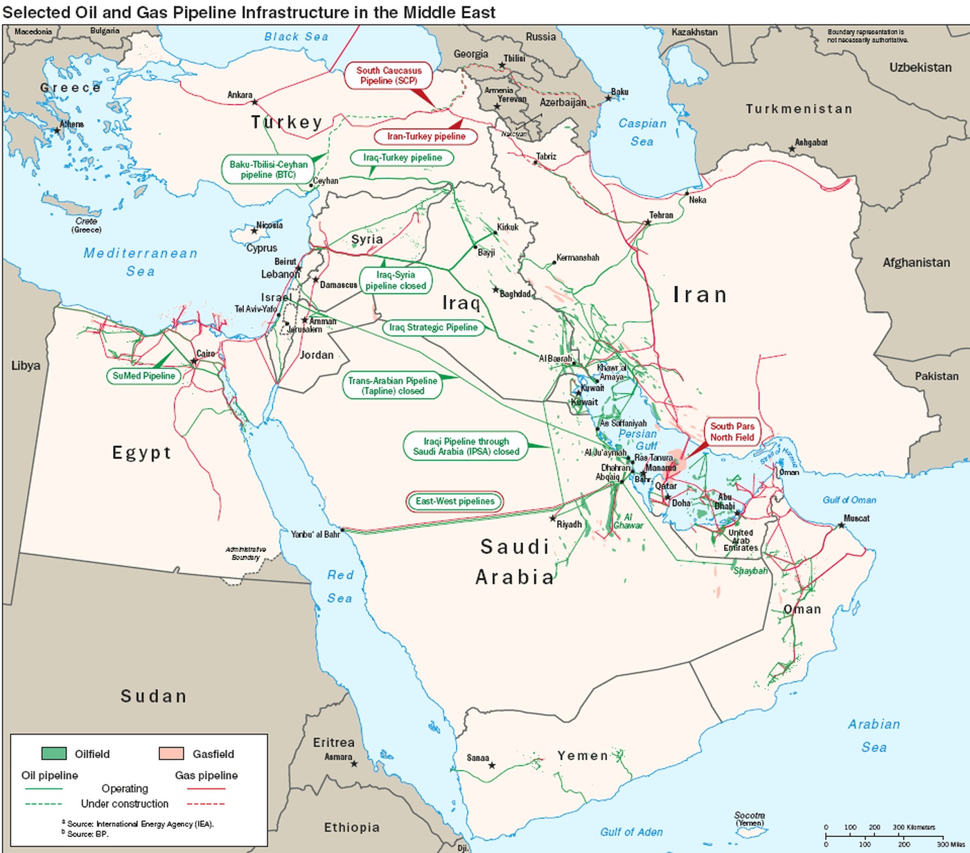 EIA map of selected oil and gas pipeline infrastructure in the Middle East, showing Saudi Arabia East-West pipelines, Ras Tanura export terminal, Yanbu terminal on the Red Sea, and the Strait of Hormuz chokepoint.