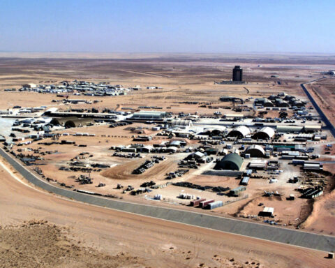 Aerial view of Prince Sultan Air Base Maintenance City, Saudi Arabia, during Operation SOUTHERN WATCH — the US base whose closure grounded Operation Project Freedom in May 2026