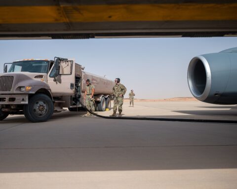 US Air Force airmen refuel a KC-135 Stratotanker on the ramp at Prince Sultan Air Base, Saudi Arabia, during Exercise Agile Phoenix, August 2022