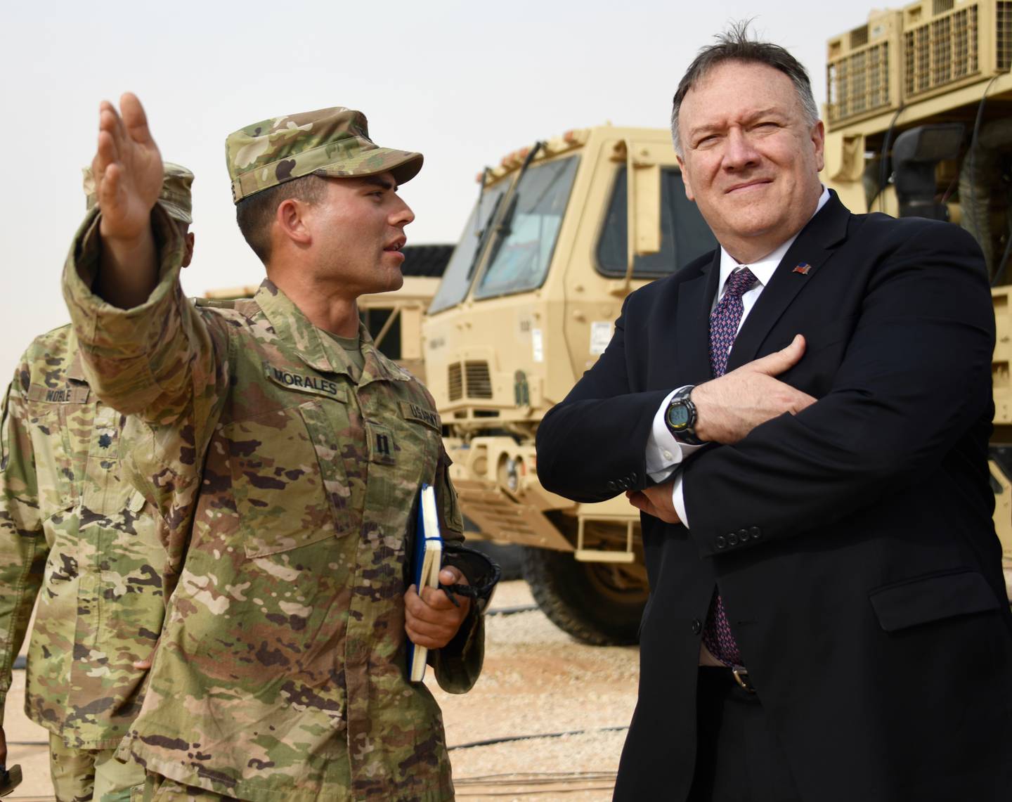 US Army Captain Robin Morales briefs Secretary of State Mike Pompeo at the Patriot missile battery site at Prince Sultan Air Base, Saudi Arabia, February 20, 2020