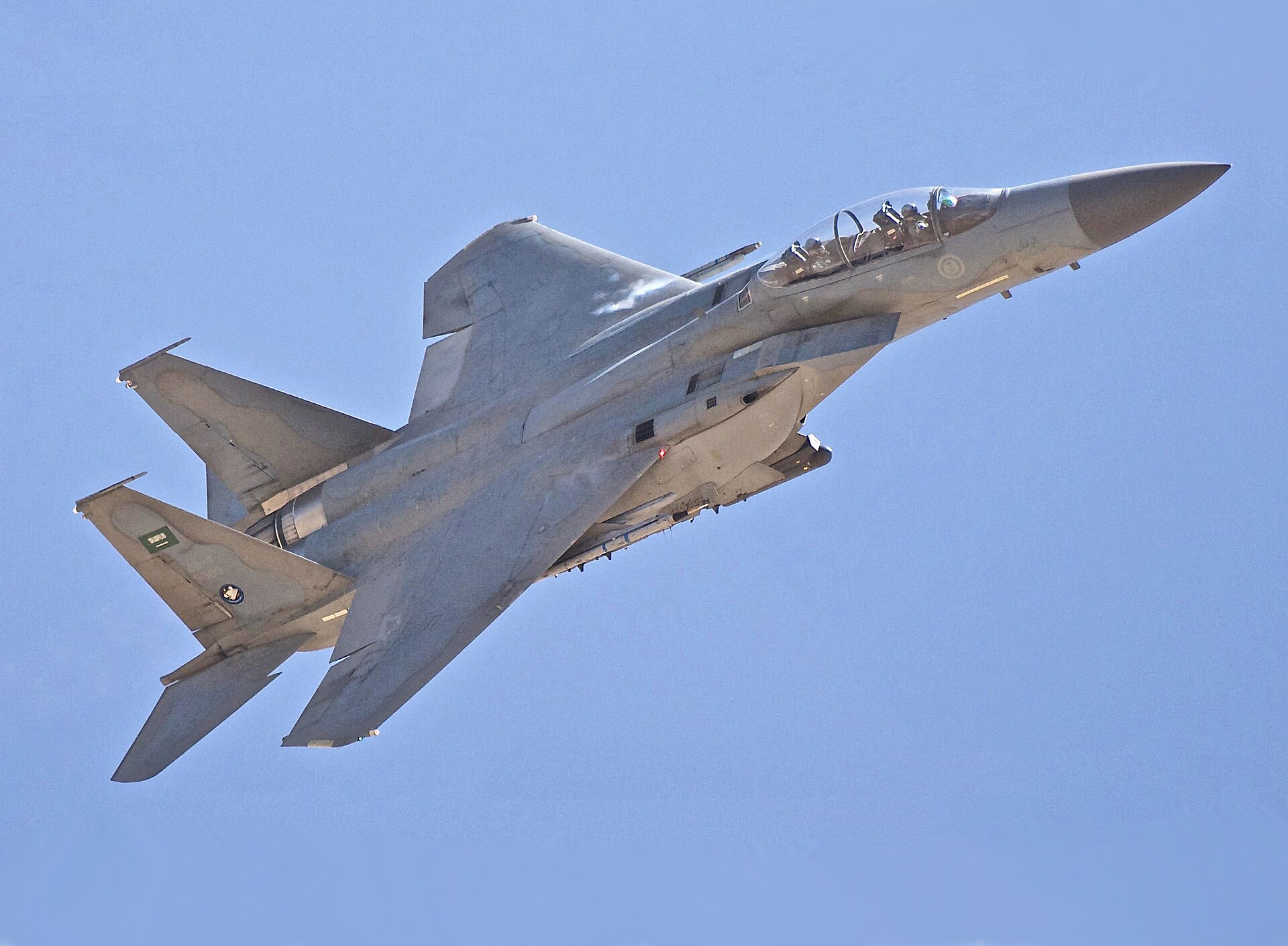 Royal Saudi Air Force F-15 Strike Eagle climbing in flight, Saudi Air Force roundel and flag markings visible
