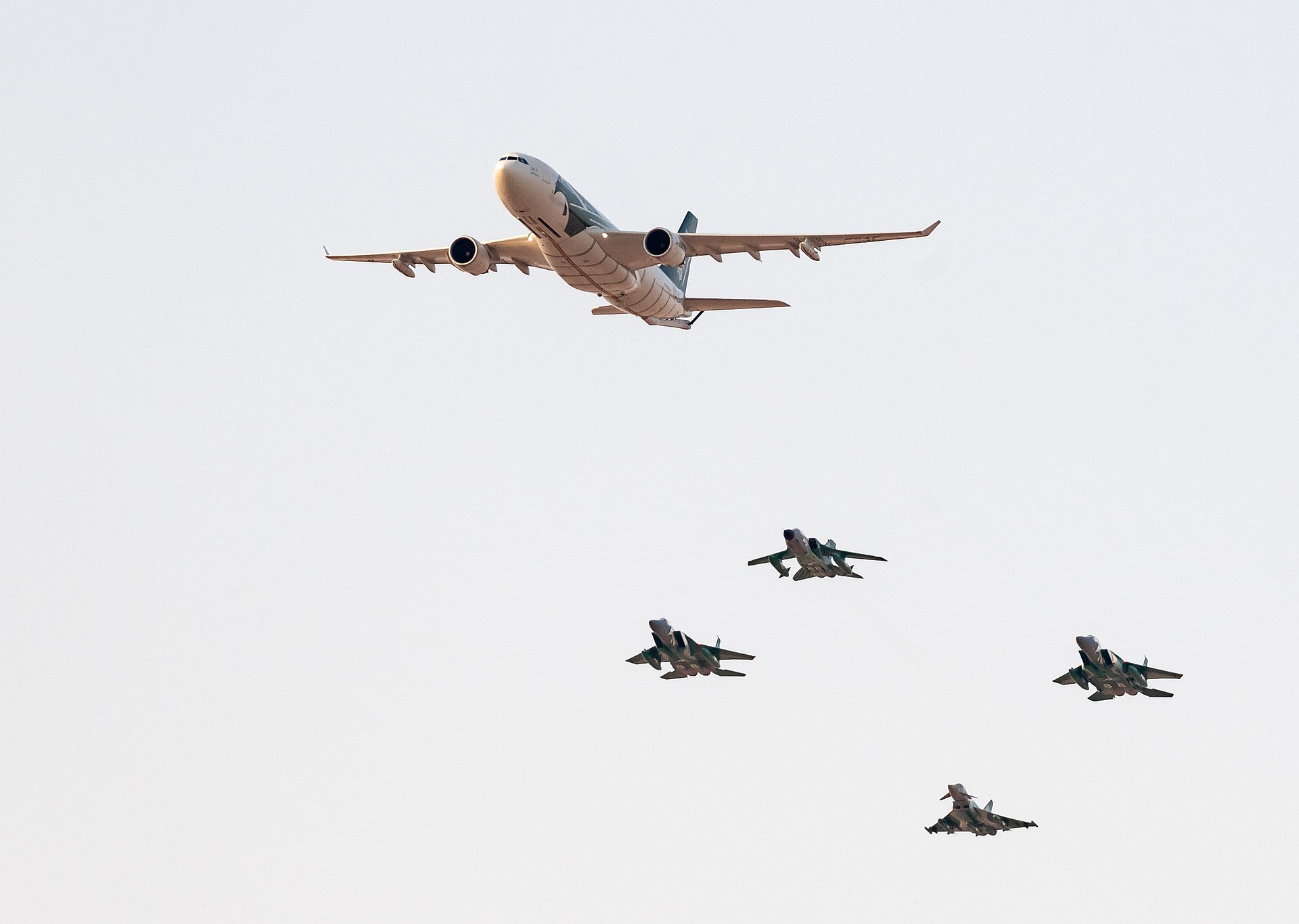 Royal Saudi Air Force jets in formation during national day celebrations — the air assets that crossed the IHL co-belligerency threshold with strikes on Kataib Hezbollah in Iraq and Iranian territory