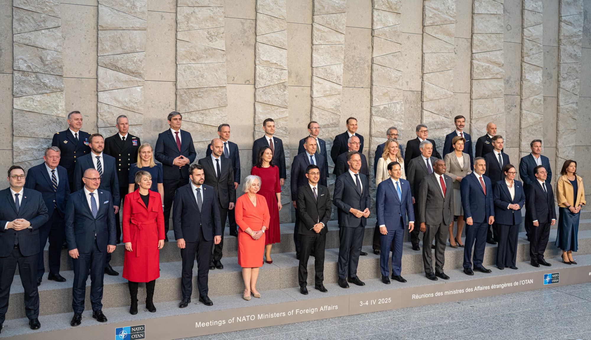 NATO Ministers of Foreign Affairs family photo, Brussels, April 2025 — Marco Rubio among NATO foreign ministers at formal summit