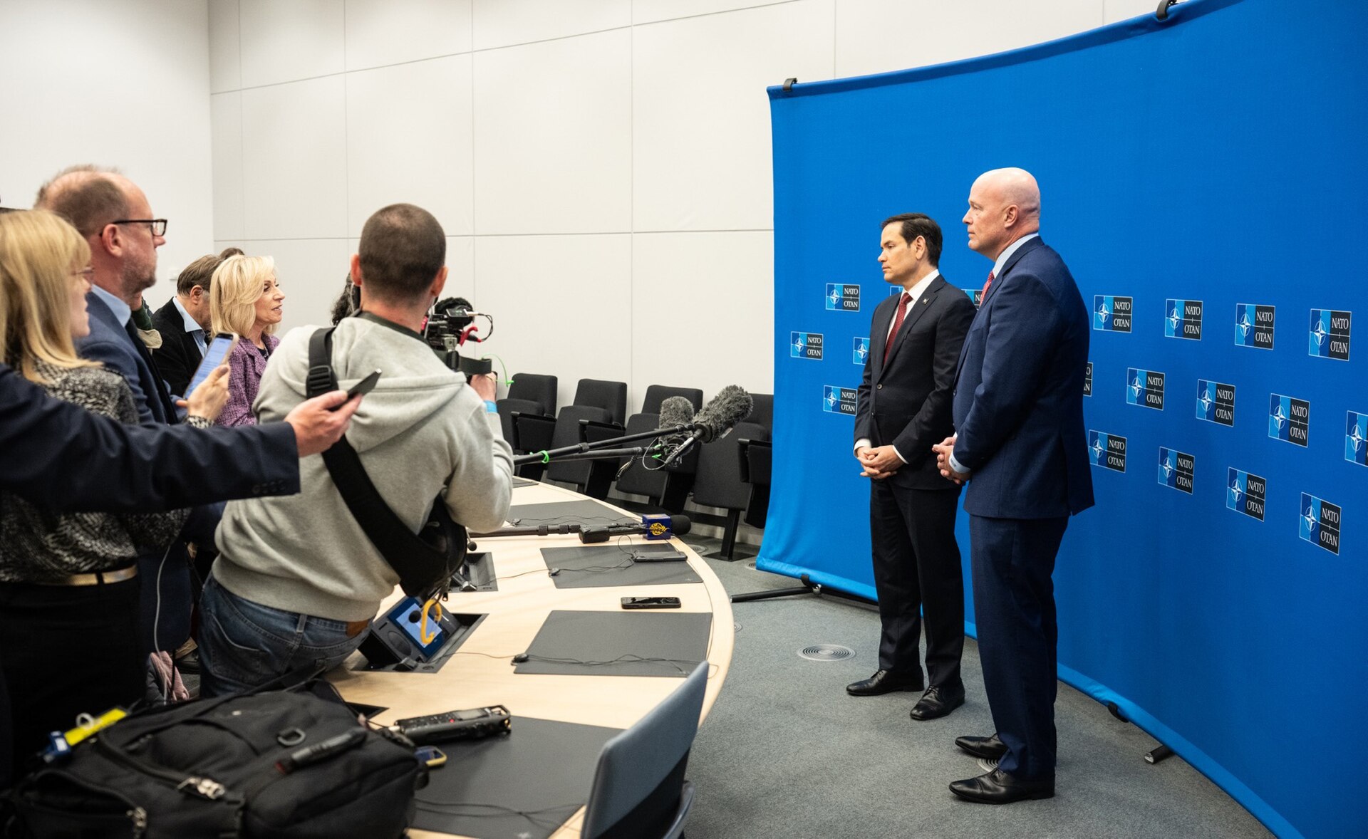 Secretary of State Marco Rubio at NATO press availability, May 2025, facing reporters