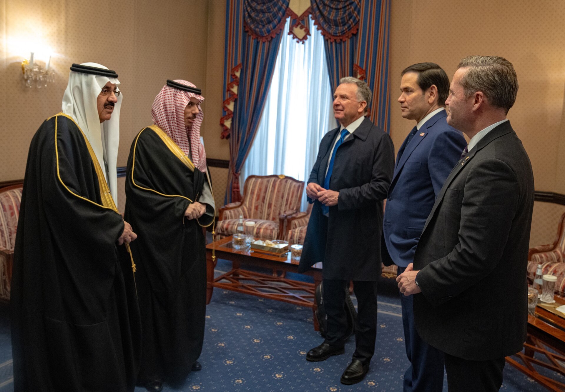US Secretary of State Marco Rubio, Middle East Envoy Steve Witkoff, and NSA Mike Waltz meet Saudi FM Prince Faisal and NSA al-Aiban at Diriyah Palace, Riyadh — the two-track US Iran team in the same room.