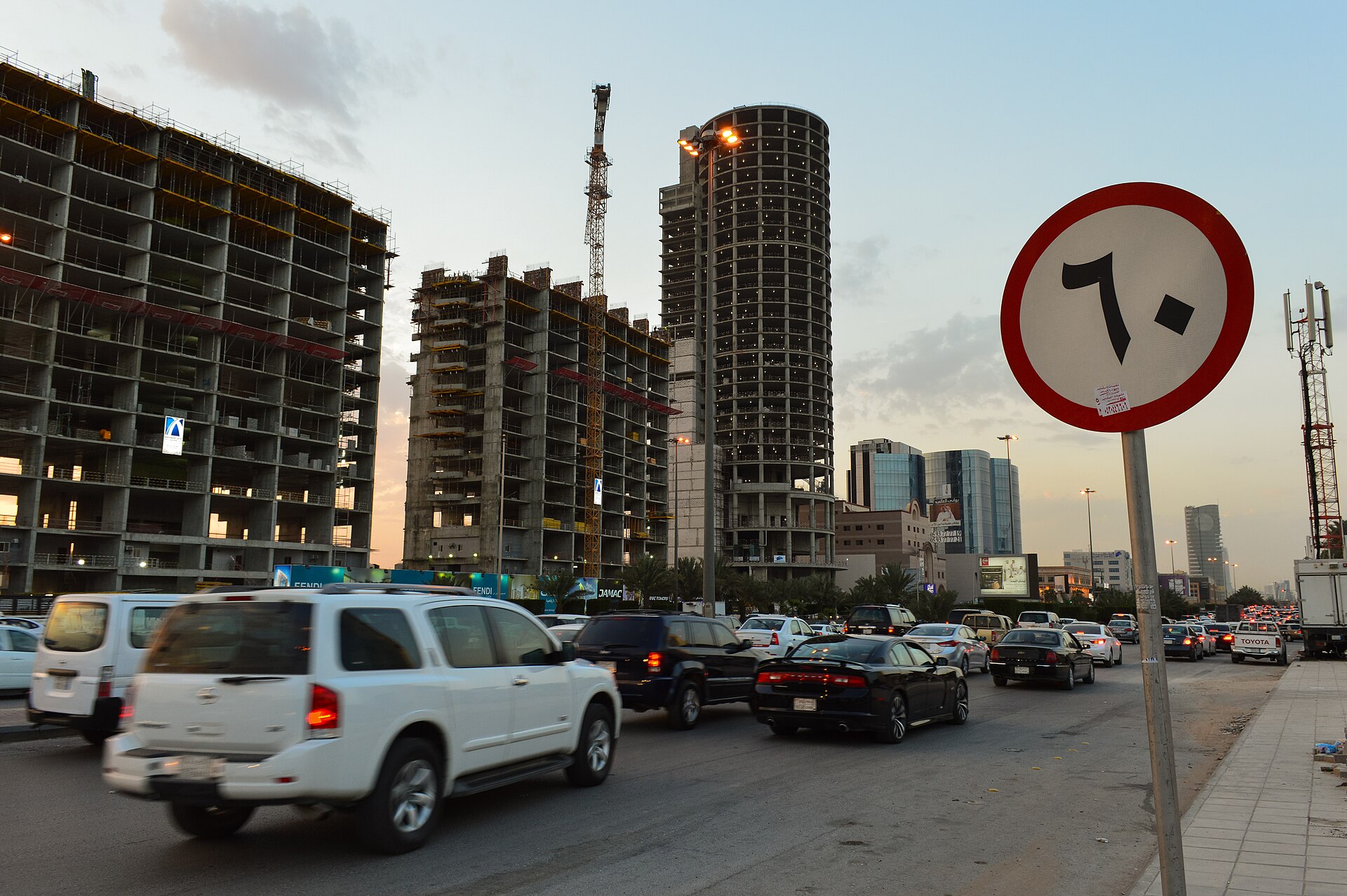 New construction sites with tower cranes in Riyadh, Saudi Arabia, showing the kingdom's large-scale building programme