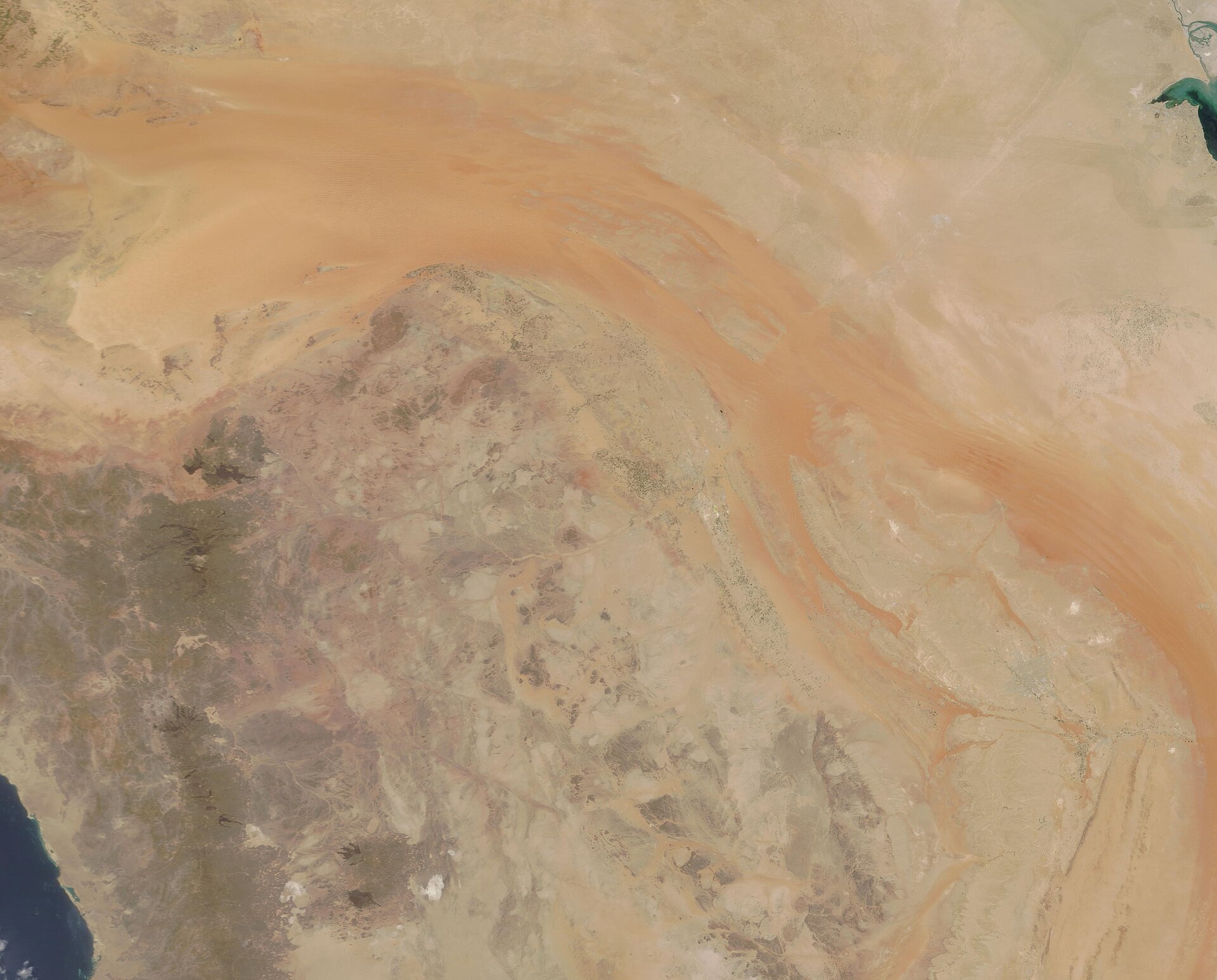 NASA MODIS satellite image of Saudi Arabia showing the Hejaz mountain range, Red Sea coastline and Makkah-Madinah corridor terrain