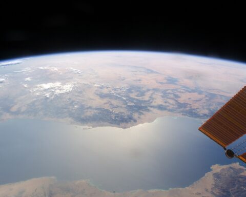 Satellite view of the Red Sea from the International Space Station, with Saudi Arabia visible to the right and Egypt and Sudan on the left. The Red Sea carries roughly 10% of global trade and is now Saudi Arabia's primary crude export corridor. NASA, public domain.