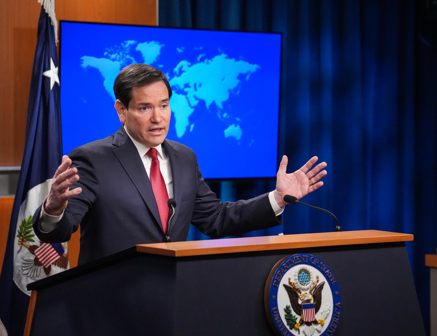 Secretary of State Marco Rubio at the State Department podium, whose May 8 MOU deadline for Iran coincided with the NCRI Rainbow Site press conference