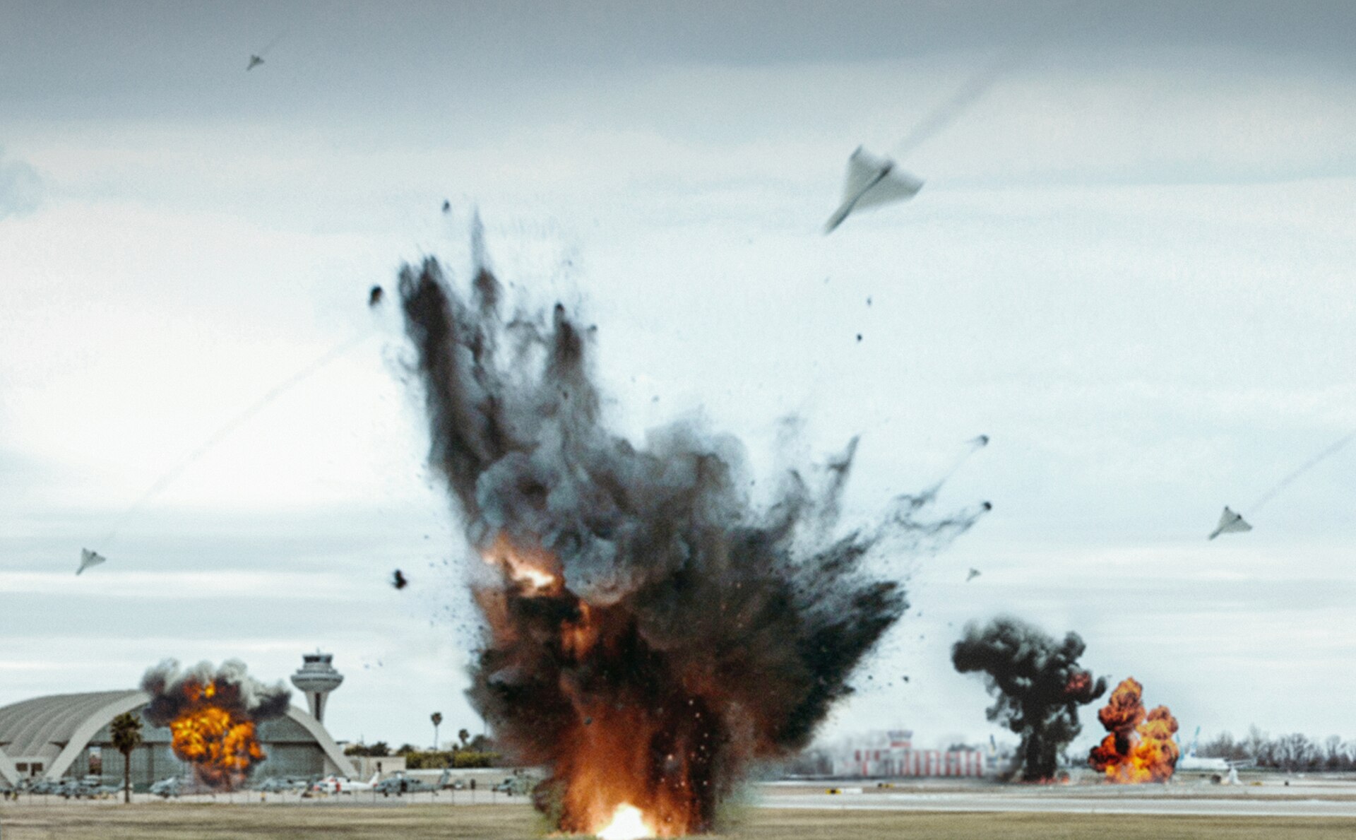 Artist impression of Shahed-136 kamikaze drones swarming and striking an airport