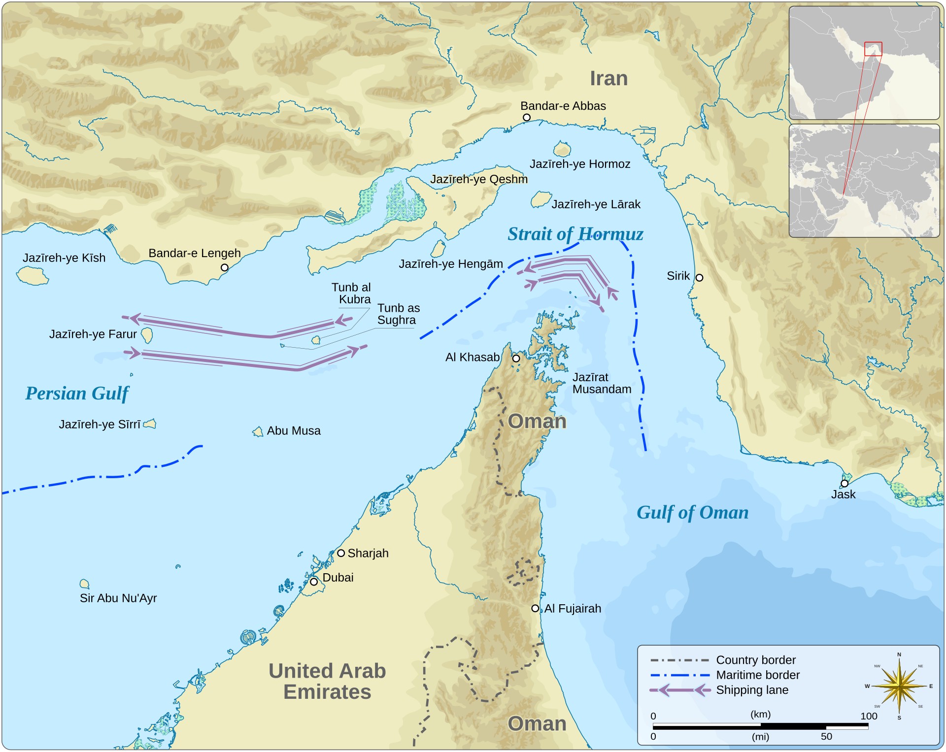 Map of the Strait of Hormuz showing shipping lanes, Qeshm Island, UAE coastline, and Oman's Musandam Peninsula
