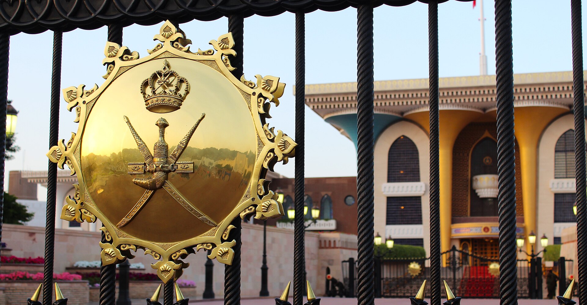 Gate of the Sultan Al Alam Palace in Old Muscat showing the royal Omani emblem with crossed khanjar daggers