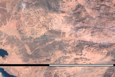Satellite image of The Line construction progress, Tabuk province, October 2022, showing the 57-kilometre excavation trench across the desert from the Red Sea coast