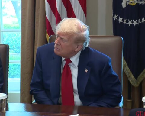 President Trump at White House Cabinet meeting, April 30 2025, with Gulf nameplate visible on table