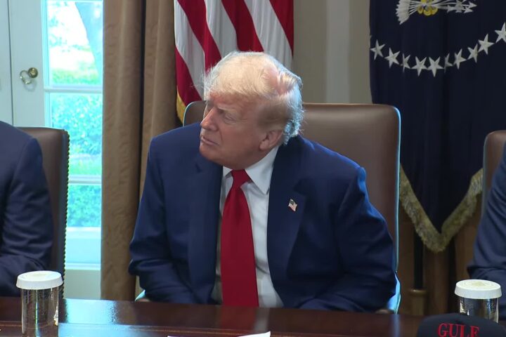 President Trump at White House Cabinet meeting, April 30 2025, with Gulf nameplate visible on table