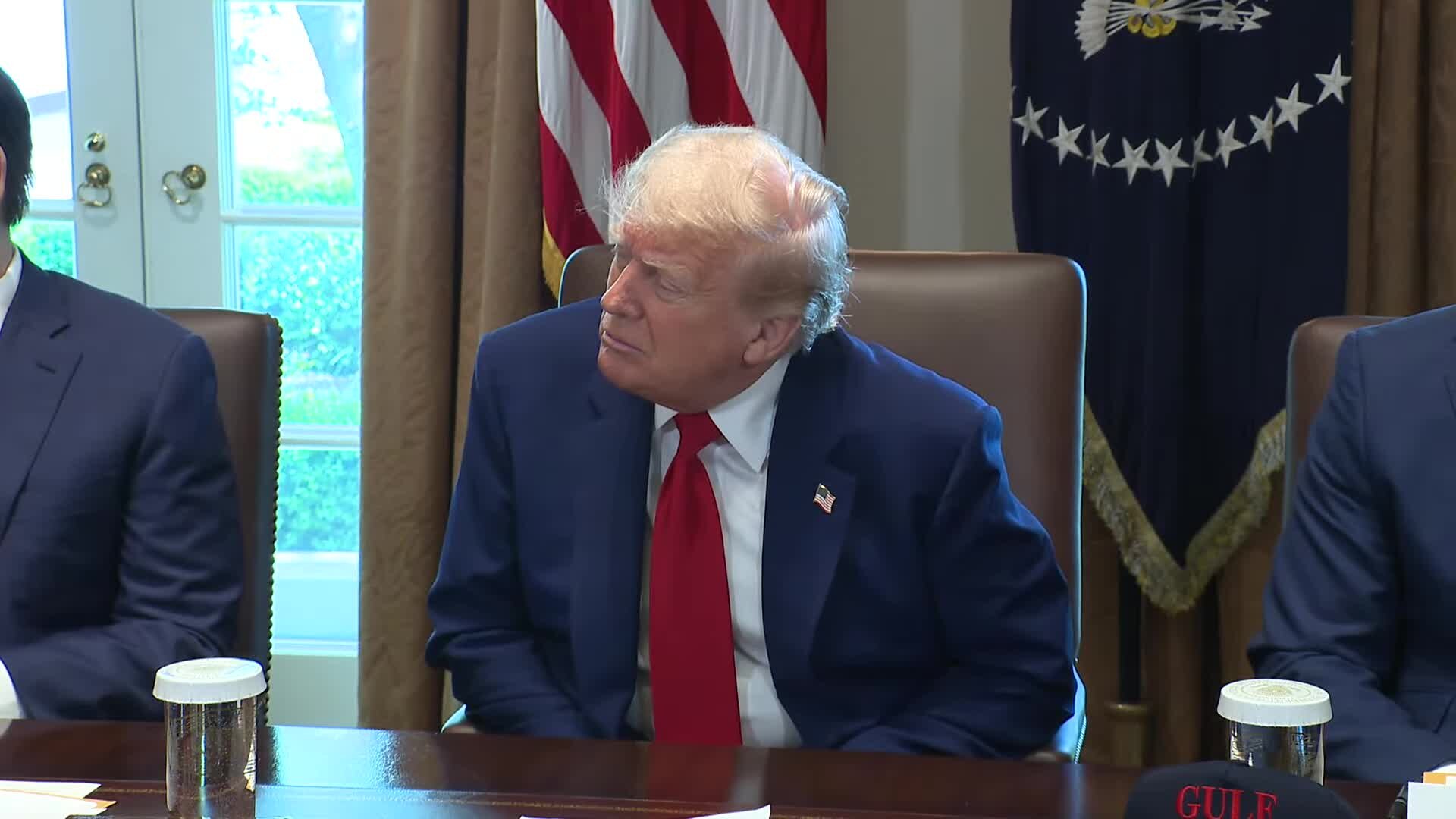 President Trump at White House Cabinet meeting, April 30 2025, with Gulf nameplate visible on table