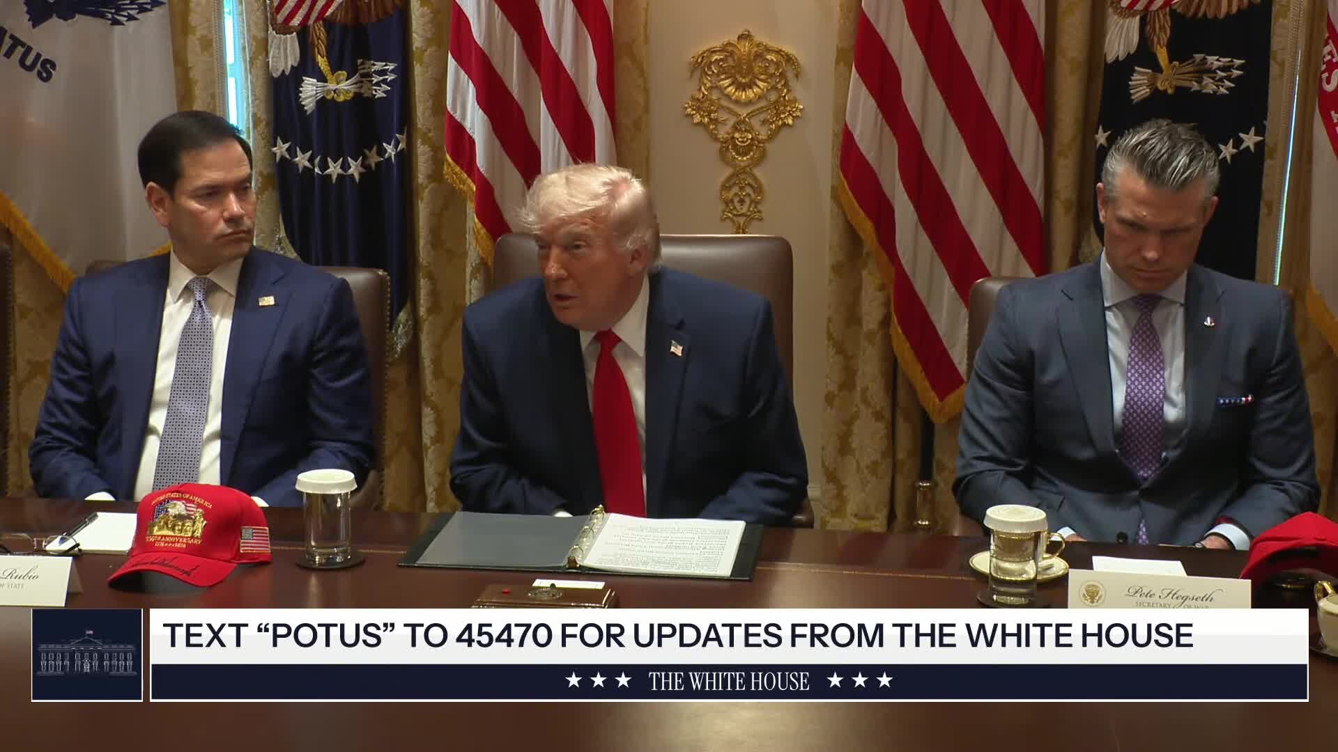 President Trump speaks at cabinet meeting May 27 2026 flanked by Secretary of State Marco Rubio and Secretary of Defense Pete Hegseth at the White House