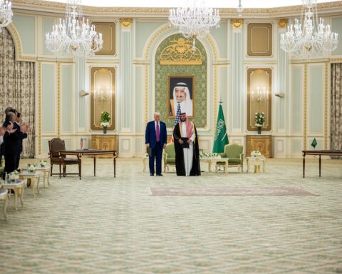 President Trump and Saudi Crown Prince Mohammed bin Salman at bilateral meeting, Royal Court Palace Riyadh, May 2025